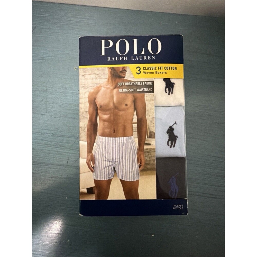 NIB Polo Ralph Lauren Classic Fit Cotton Woven Boxers Men's M White Blues 3PC